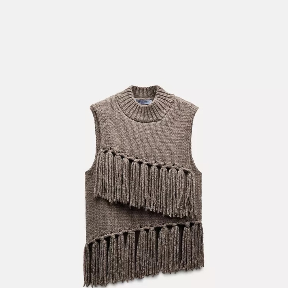 Zara Taupe Fringe Knit Sleeveless Sweater Vest